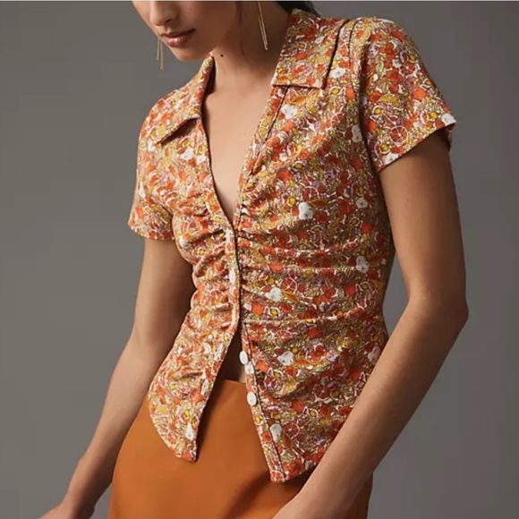 Maeve Tops - Maeve by Anthropologie Citrus Fruit Printed Button Front Ruched Blouse Size S